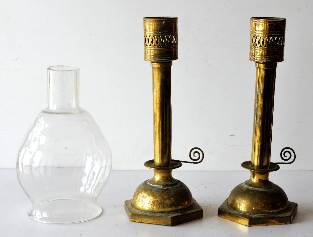 2, Edwardian brass candle sticks, and one shade