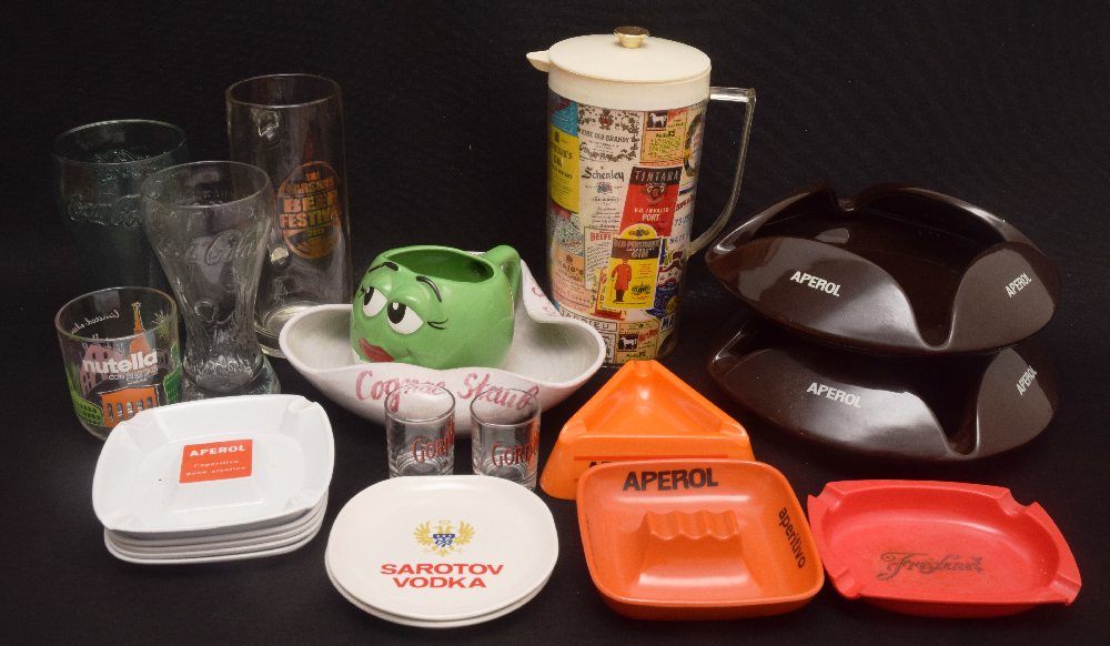 13, Advertising ashtrays, water jug, bear mug, and glasses