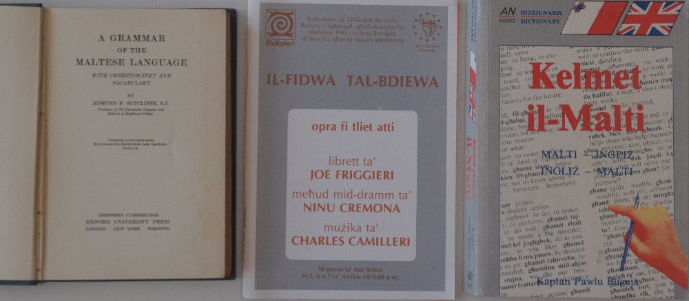 Bugeja Pawl Kaptan, Kelmet il-Malti; Il-Fidwa tal-Bdiewa (opra); Sutcliffe Edmund F., A Grammar of t