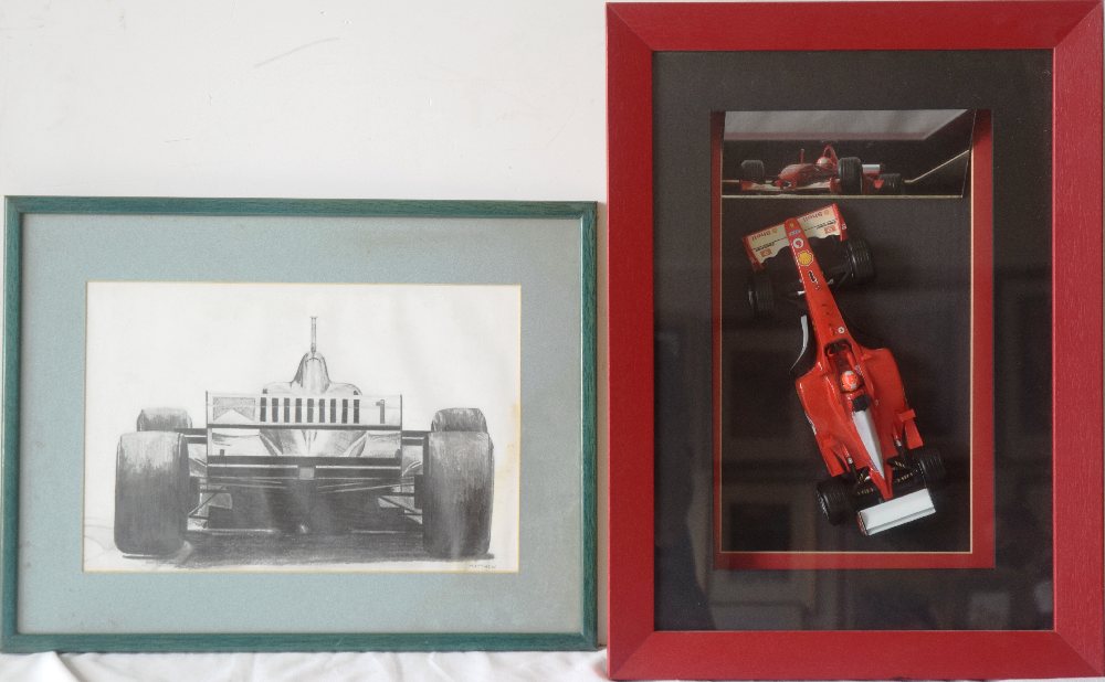 FERRARI F1 scale model car, 25cm, in case frame; and a pencil drawing of a race car signed Matthew