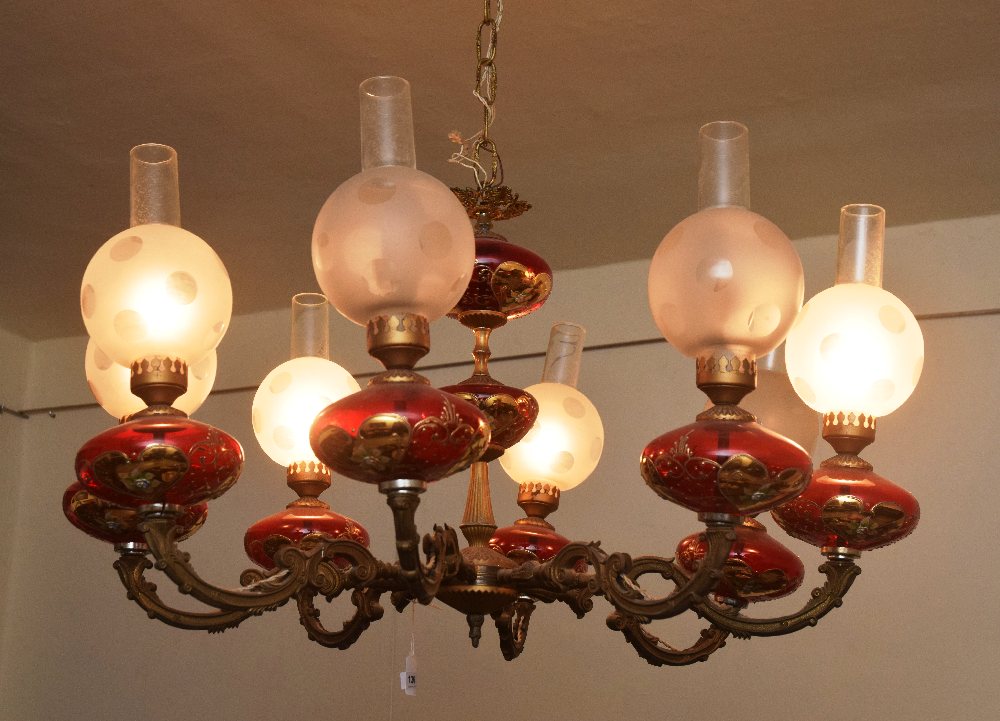 Czech ruby glass & brass 8 branch chandelier