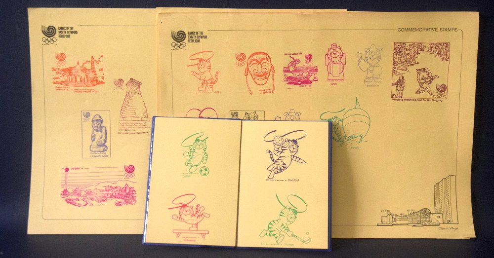 SEOUL 1988, XXIV Olympiad: 3 Sheets and booklet of graphic ink stamps