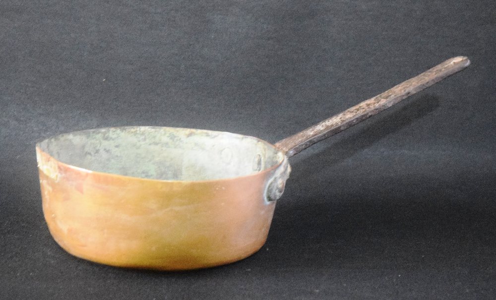 19th C. copper frying pan, iron handle
