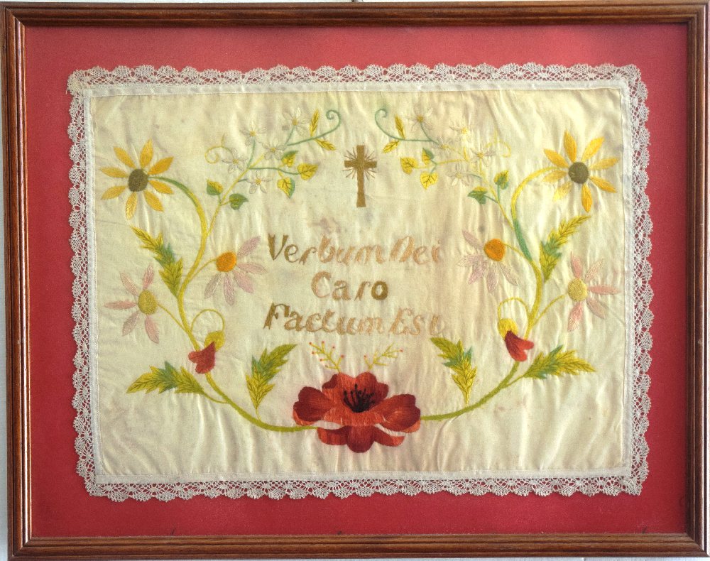 Verbum Dei - Old embroidery on silk 45x33cms, framed