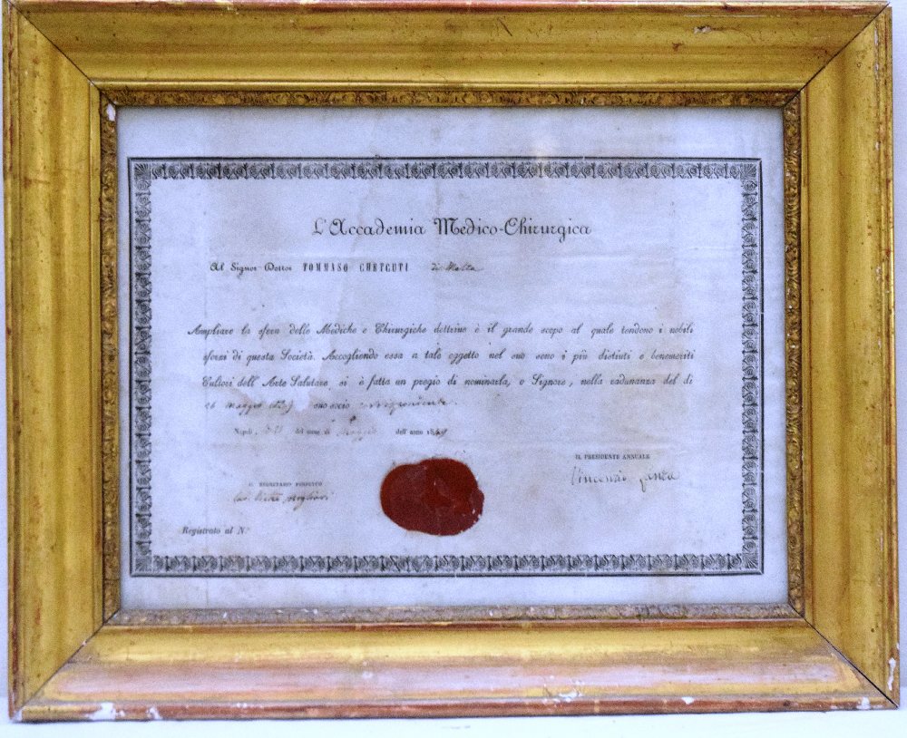 Malta certificate: L'Accademia Medico-Chirurgica, 1849 signed by Vincenzio Lanza, framed