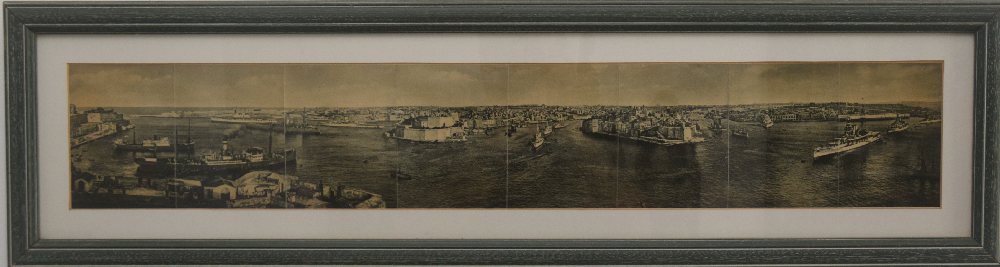 Composite concertina 'Panoramic Malta Harbour', 82x14cms framed