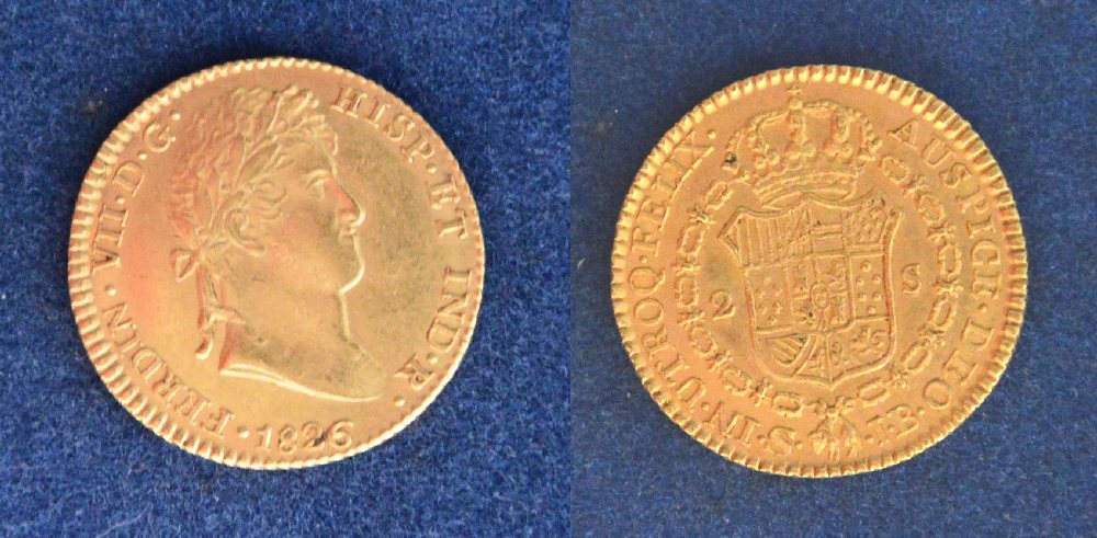Ferdinand VII gold coin, 2 scudi, 1826
