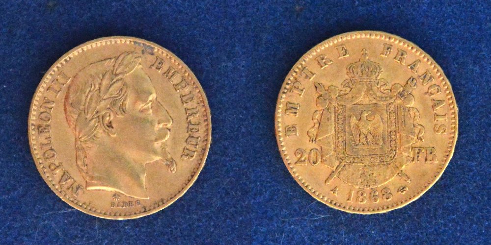 France, Napoleon III gold coin, 20 francs, , 1868