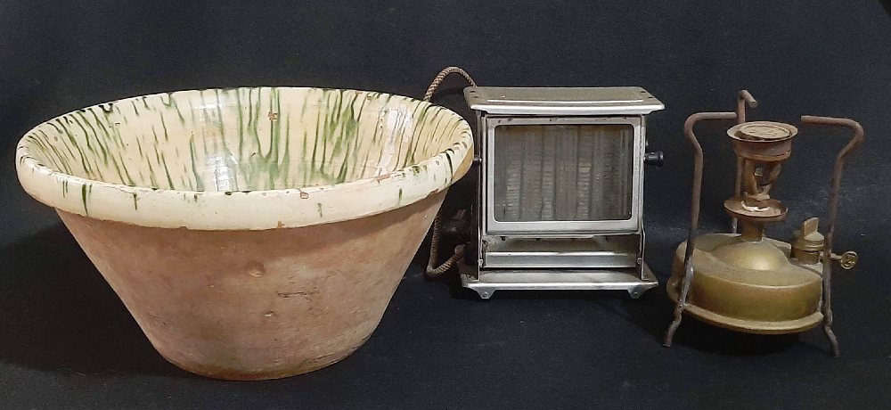 Ceramic round bowl (zingla); old electric toaster and brass stove (3)