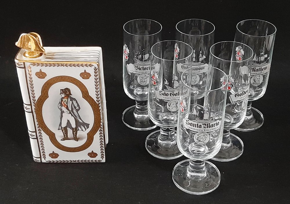 6 BECK'S beer glasses and Camus Napoleon Cognac china bottle