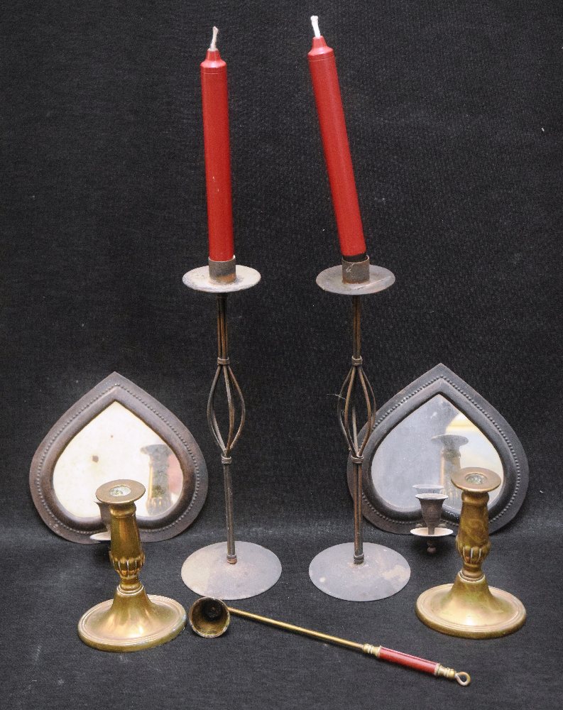 Brass pair candle sticks, candle snuffer, pair metal candle sticks
