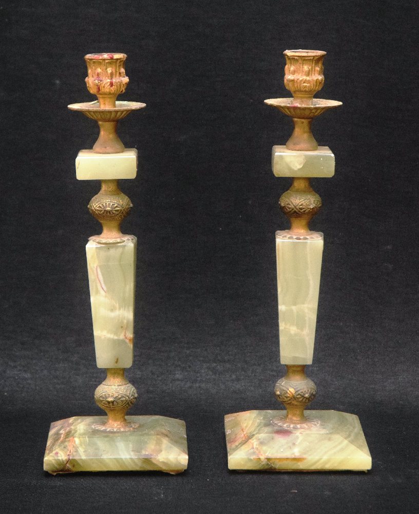 Early 20th C. Onyx and gilt metal pair candlesticks, 32cns