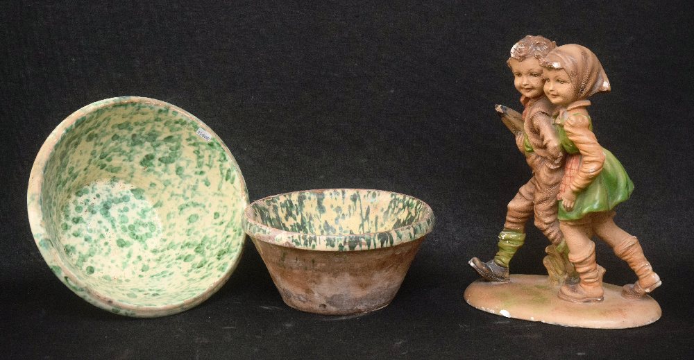2 Old earthenware bowls, green glazed interior, and gesso figure group