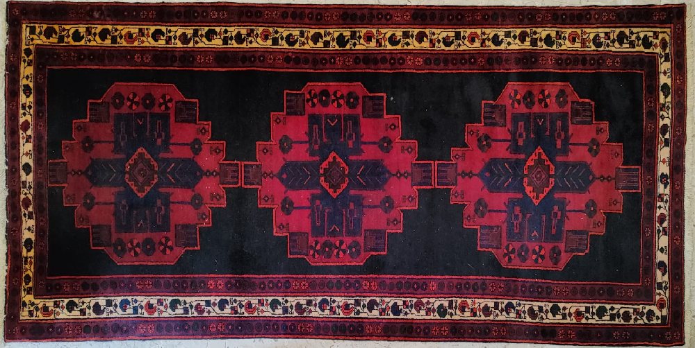 Persian hand woven rug red / black, 3 medallion, 310x150cms