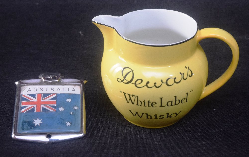 DEWAR'S White Label Whisky jug, yellow, and old Vehicle badge