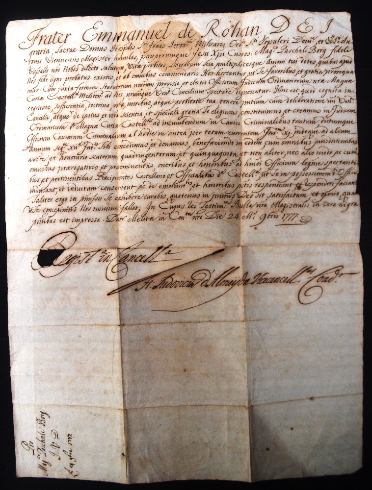 GM Emmanuel De Rohan document (Pro Mag. Paschale Borg) dated 1777