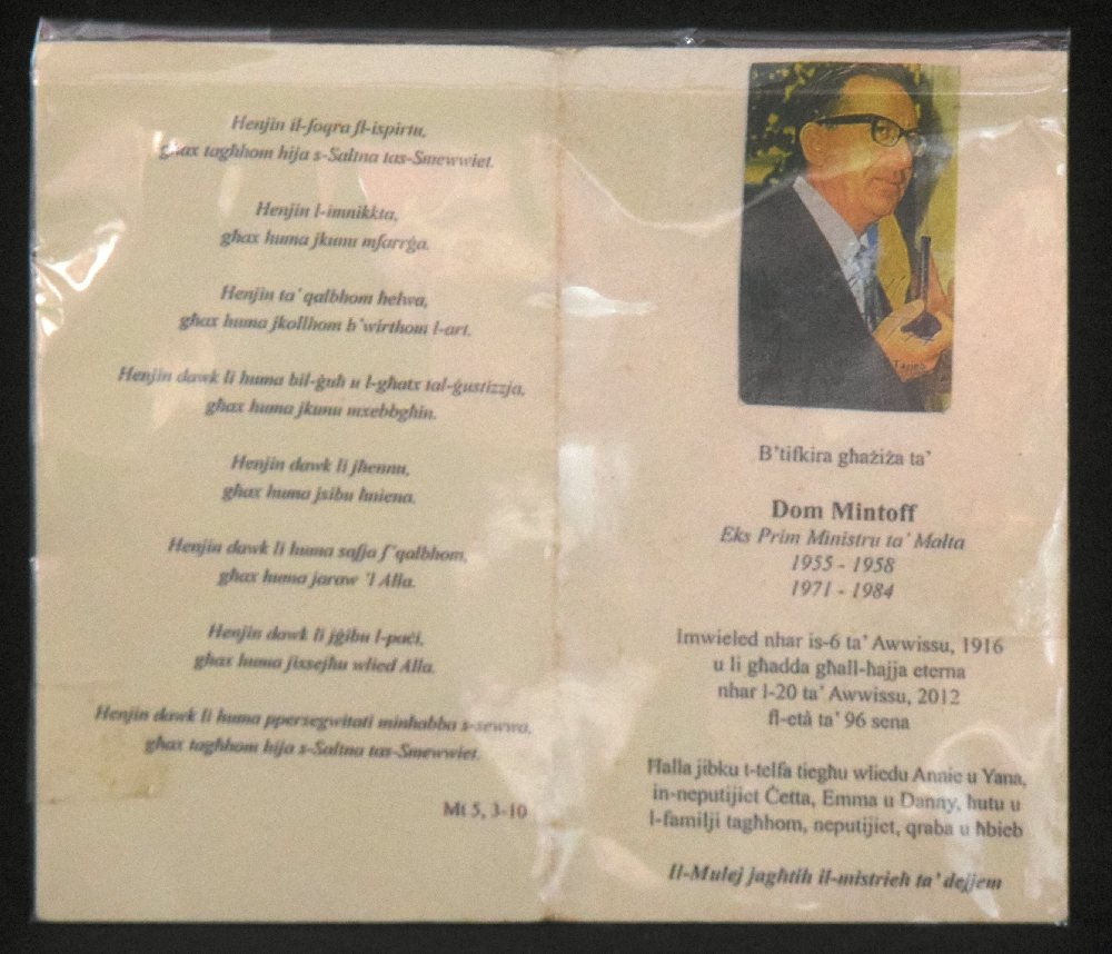 Dom Mintoff in Memoriam Card (Colour Pic)
