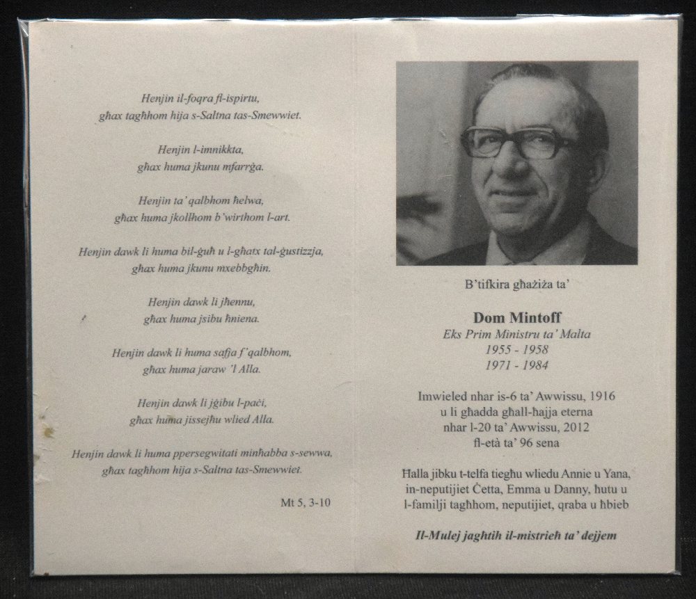 Dom Mintoff in Memoriam Card (B&W Pic)
