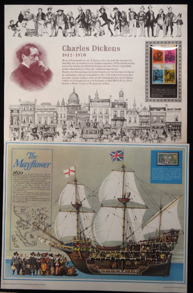 BPO Charles Dickens and The Mayflower stamps on printed posters
