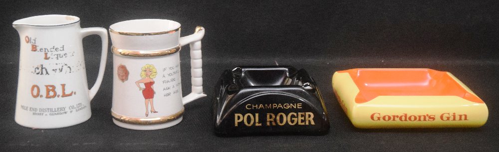 POL ROGER, GORDON'S china ash trays; OBL jug; and beer pint mug