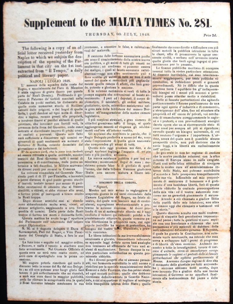 Supplement to Malta Times, no 281, July 1848