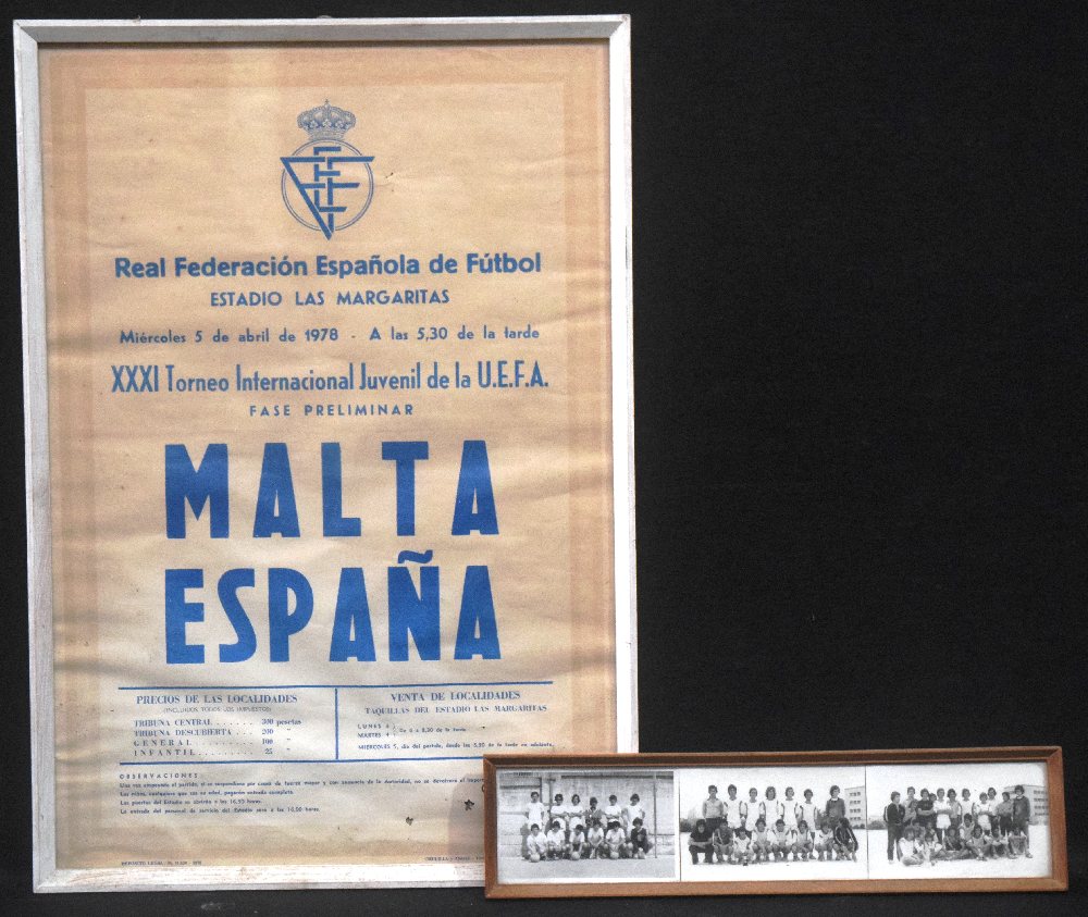 ESPANA vs MALTA poster, 43 x 643cm; and another photo of 3 football teams, in a frame
