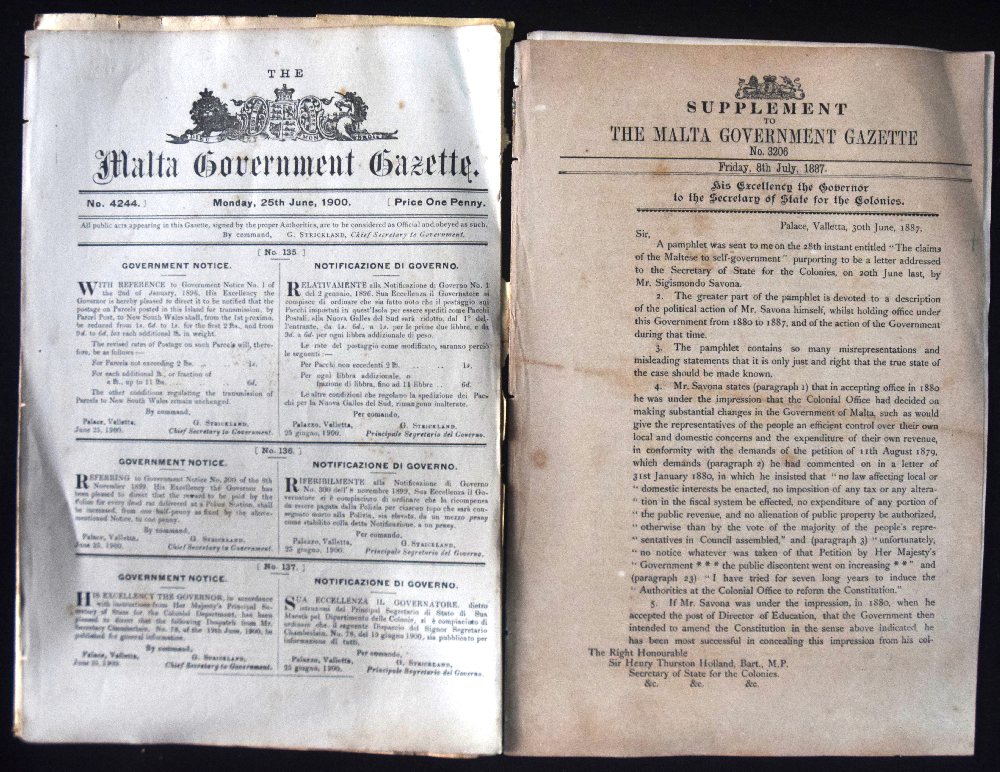 Malta Government Gazette (Supplement) 8th July 1887 (Henry Thurston Holland Bart); Malta Government 
