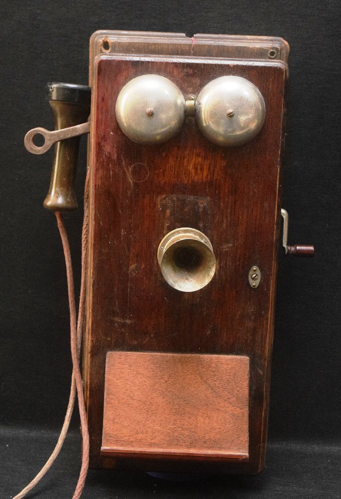 Oak cased wall mounted telephone, ca 1900