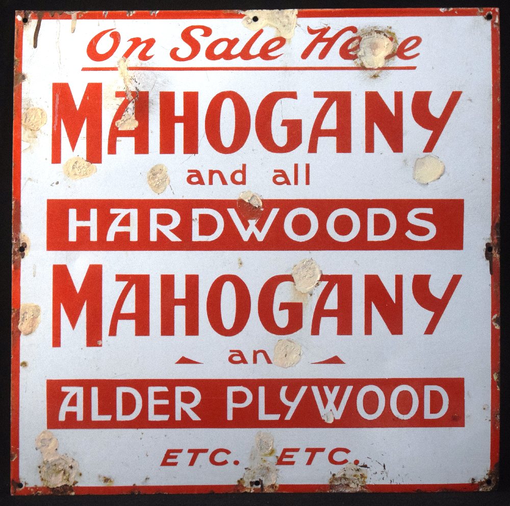 Mahogany and all Hardwoods for Sale here, enamel sign, 61 x 61cm