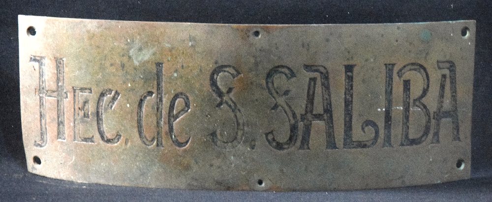 HEC de S SALIBA engraved brass curved sign, 45 x 15cm