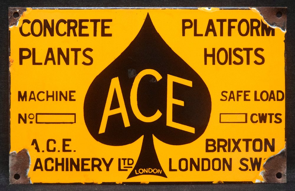 ACE Machinery London, enamel sign, 28 x 18cm