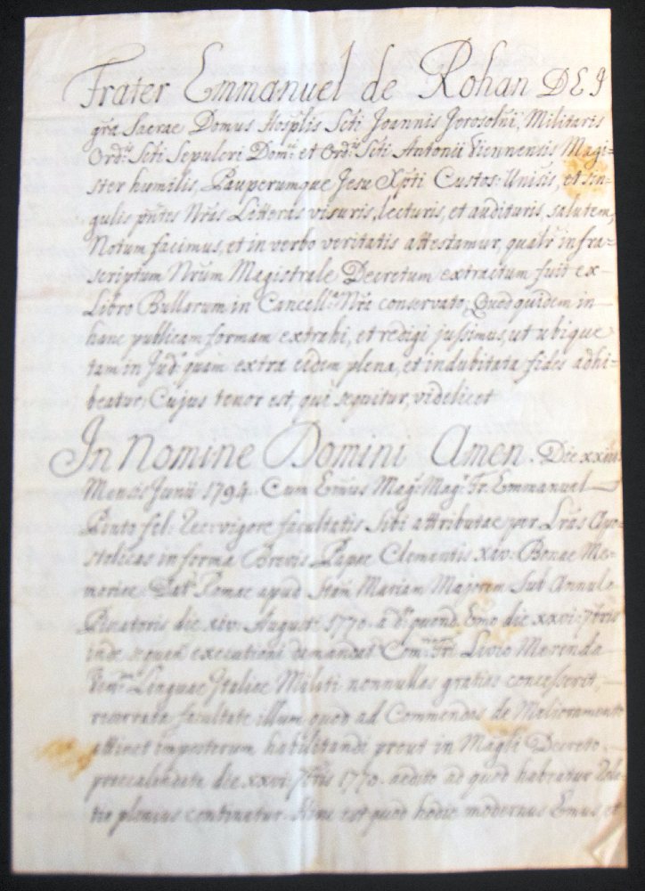 GM De Rohan document dated 1794, signed by Vice-Chancellor of the Order of the Knights of Malta Carv