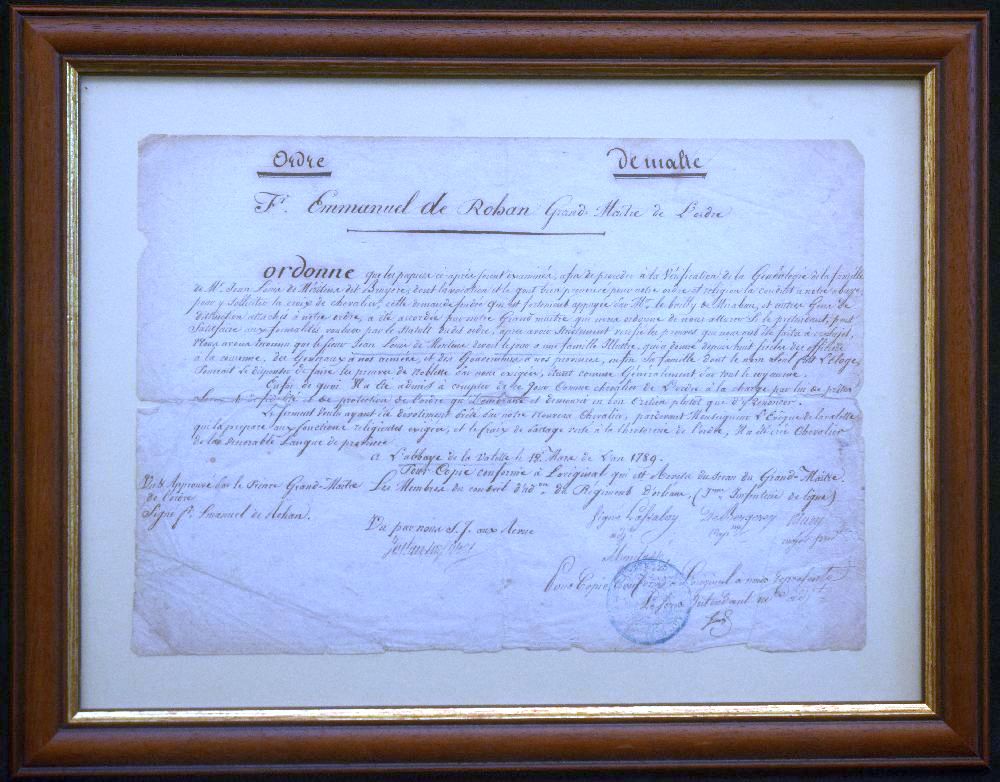 GM De Rohan document dated 1789 related to the admission of Knight into the Order