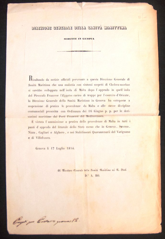 1854 Document related to the Piroscafo Egyptus, which entered the Grand Harbour and was infected wit