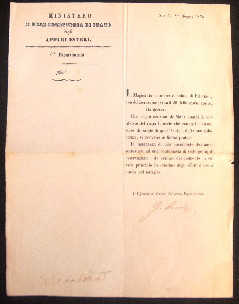 1856 Document, (time of Cholera was present in Malta), related to the export of wood from Malta to I