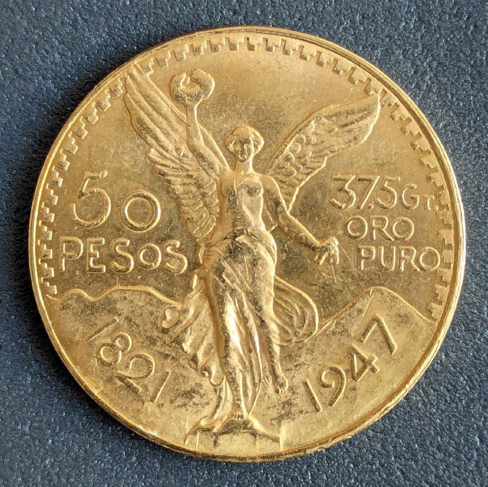 1947, Mexico gold coin, 50 pesos, centenario