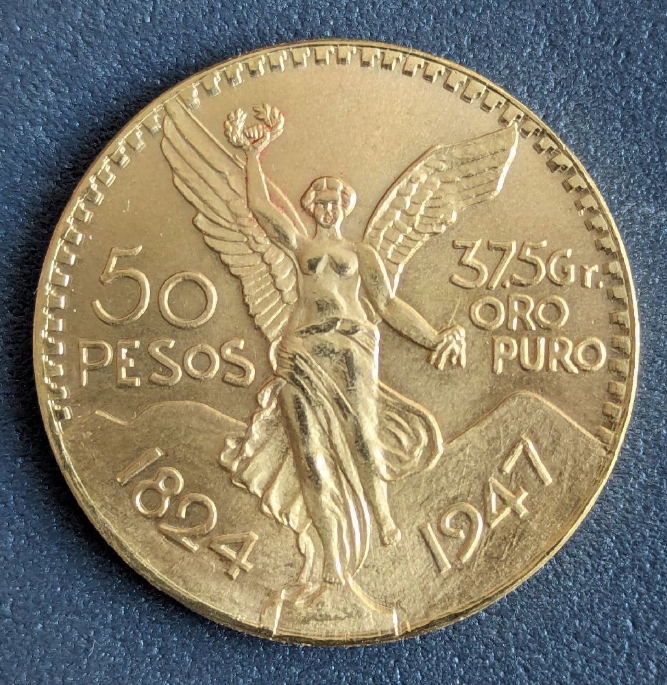 1947, Mexico gold coin, 50 pesos, centenario