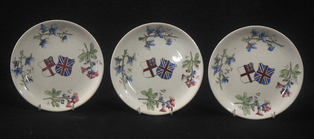 3, Terre de Fer china plates with monarchy banners, 20cm, ca 1925