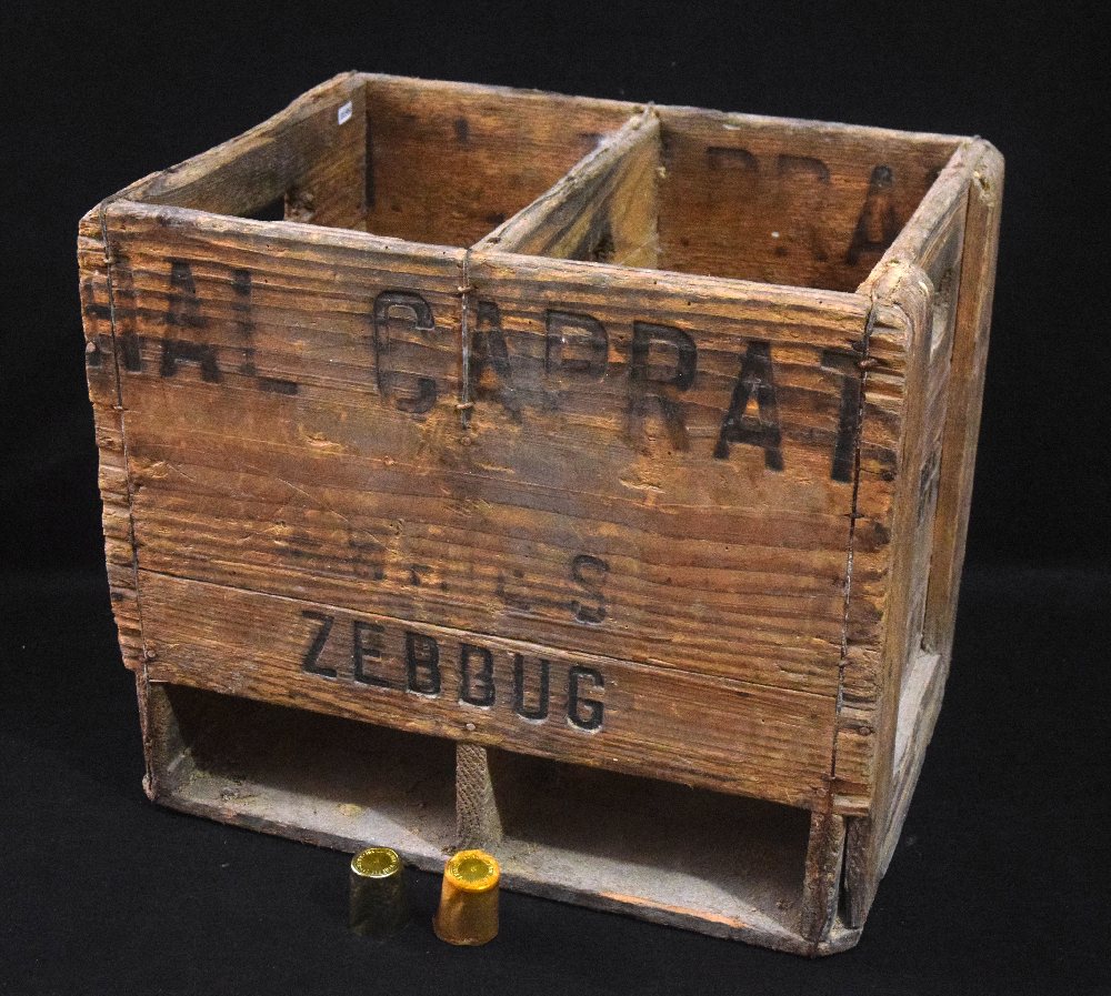 HAL CAPRAT Zebbug wood crate, 43cm; and 2 rare unused lead bottle tops