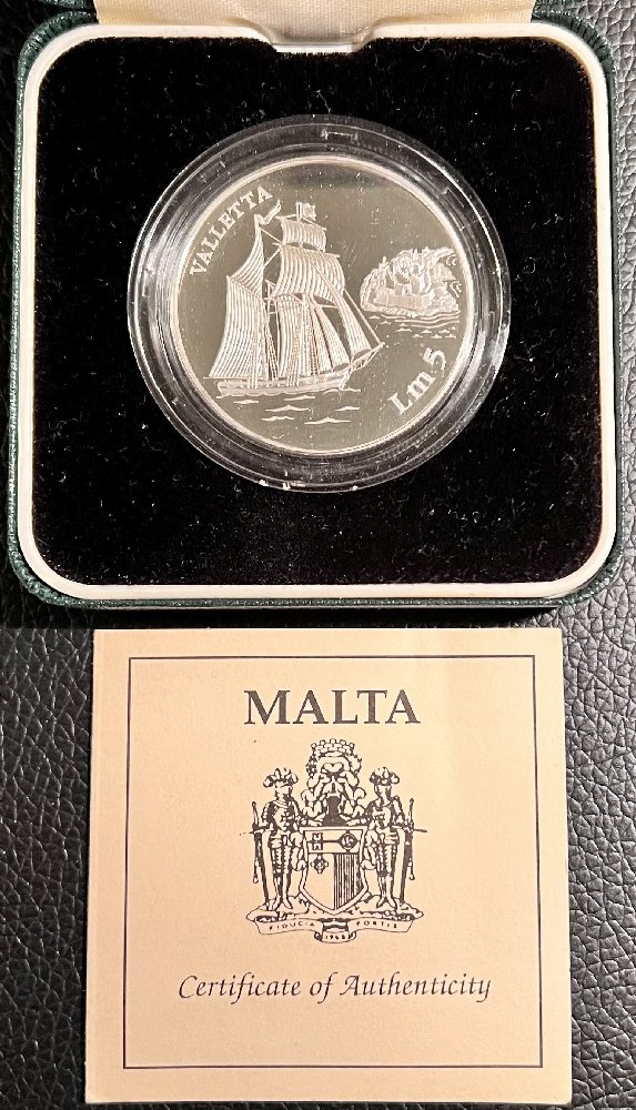 1994 Malta Silver coin - Schooner 'Valletta' ship and explorer, Lm5