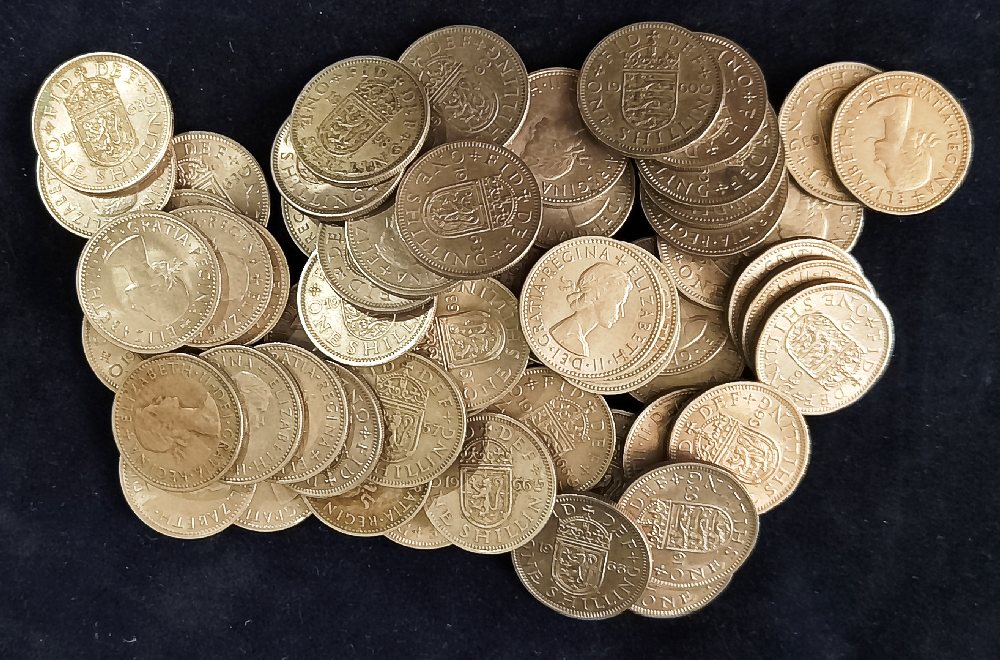 63 QEII 1 shilling coins