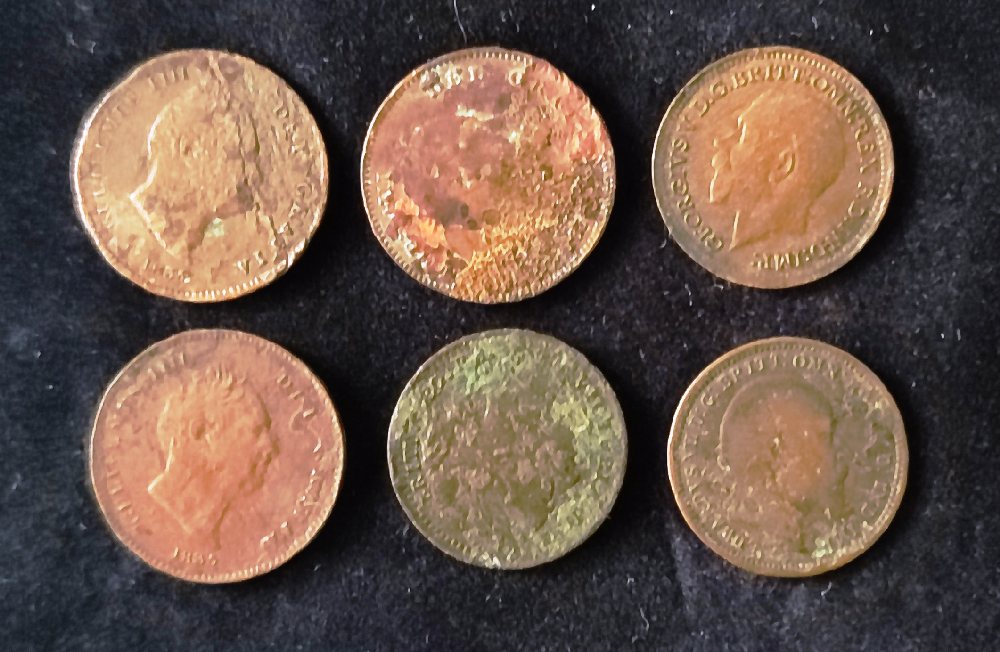 6 Copper 1/3 Farthing coins; Will IIII to Geo V