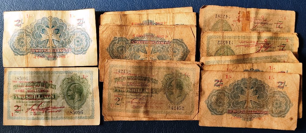 20 Government of Malta bank notes, 2 shilling / 1 shilling