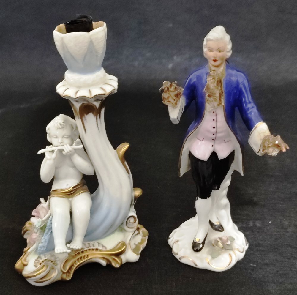 CAPO DI MONTE porcelain standing figure of a courtier and porcelain candlestick