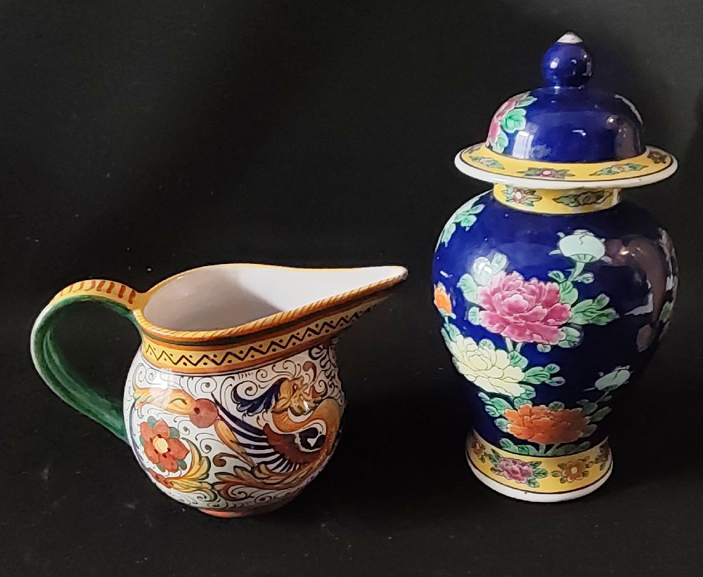 Satsuma jar with cover and majolica jug