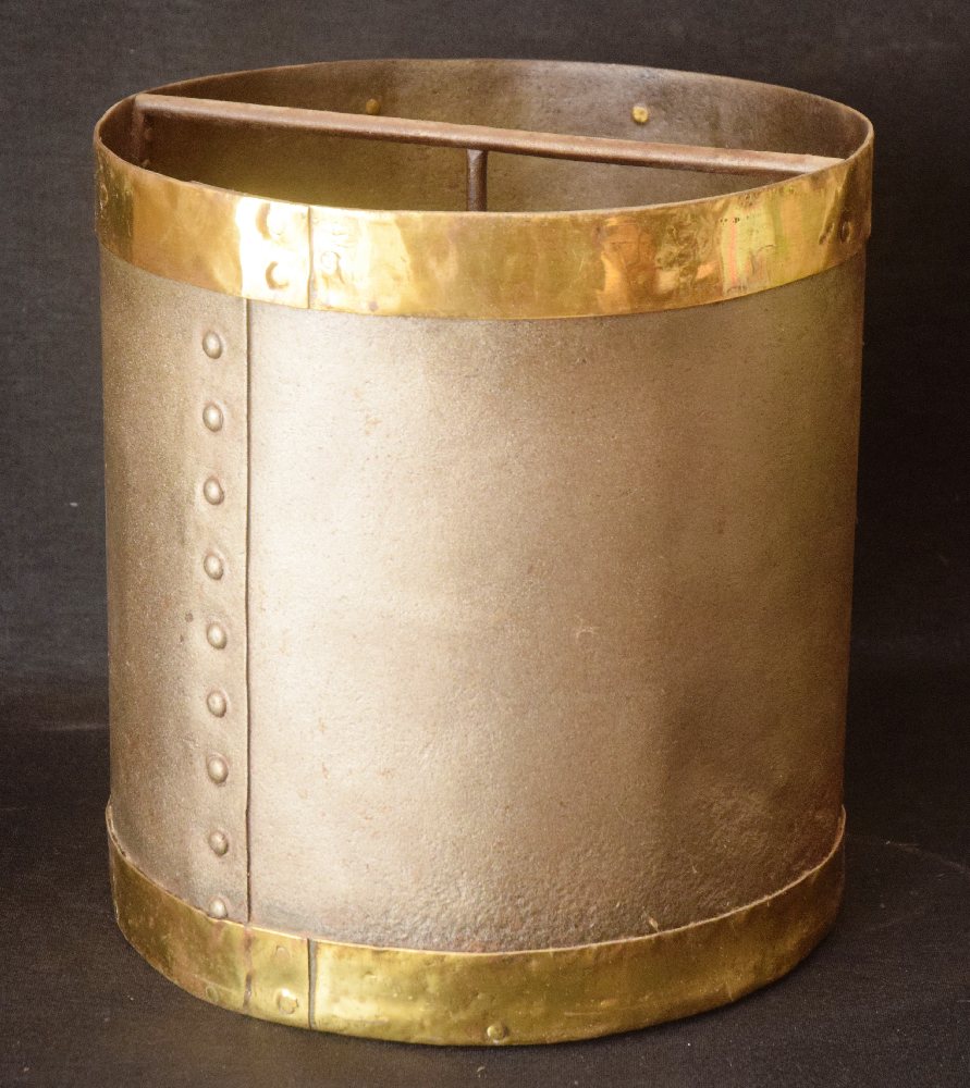 19th C. Steel and brass banded cylindrical grain measure, 30cm