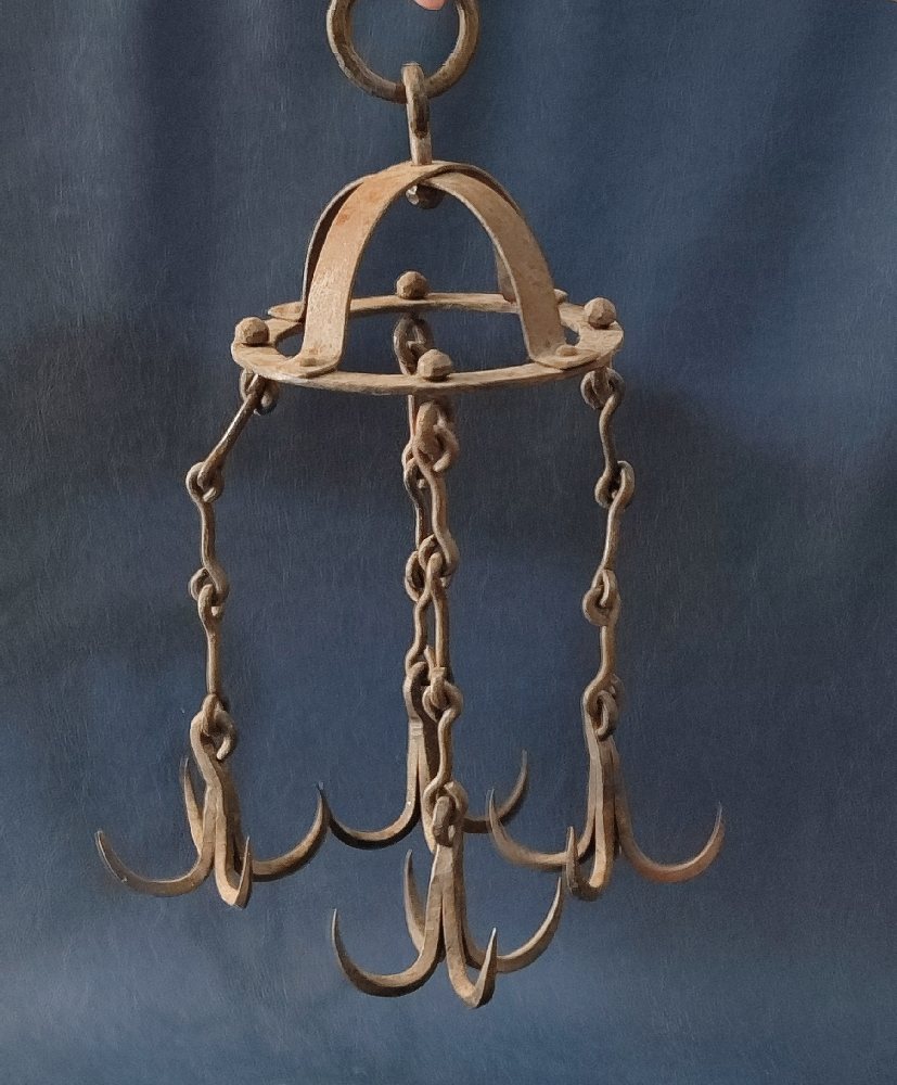 19th C. Iron well grapple hooks on crown (rampil)