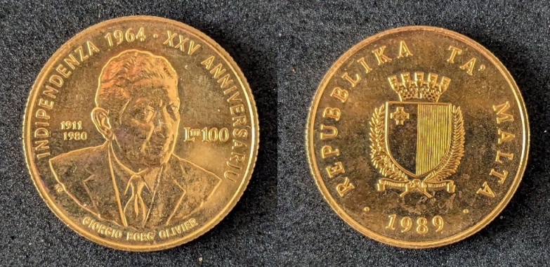 Malta commemorative gold coin, Lm100, 1989