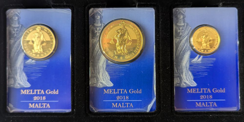 Melita gold 3 coin set 2018 , 100, 50, 25 euros boxed, certificate number 077