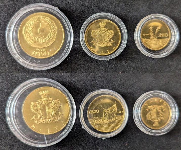 Malta 3 Gold coin set, Lm 50, LM20, Lm10, 1974